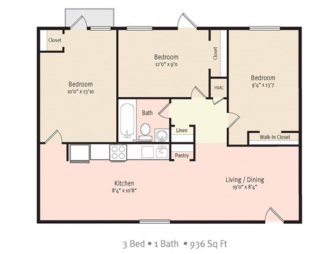 Floor plan for 3 beds, 1 bath, 936 sqft